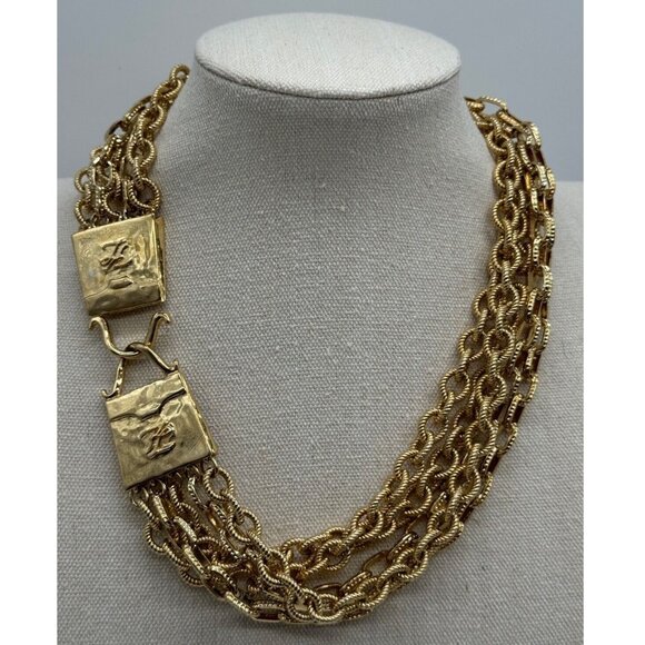 Vintage Karl Lagerfeld Gold Tone Multi Strand Chain Purse Shaped Clasp Necklace